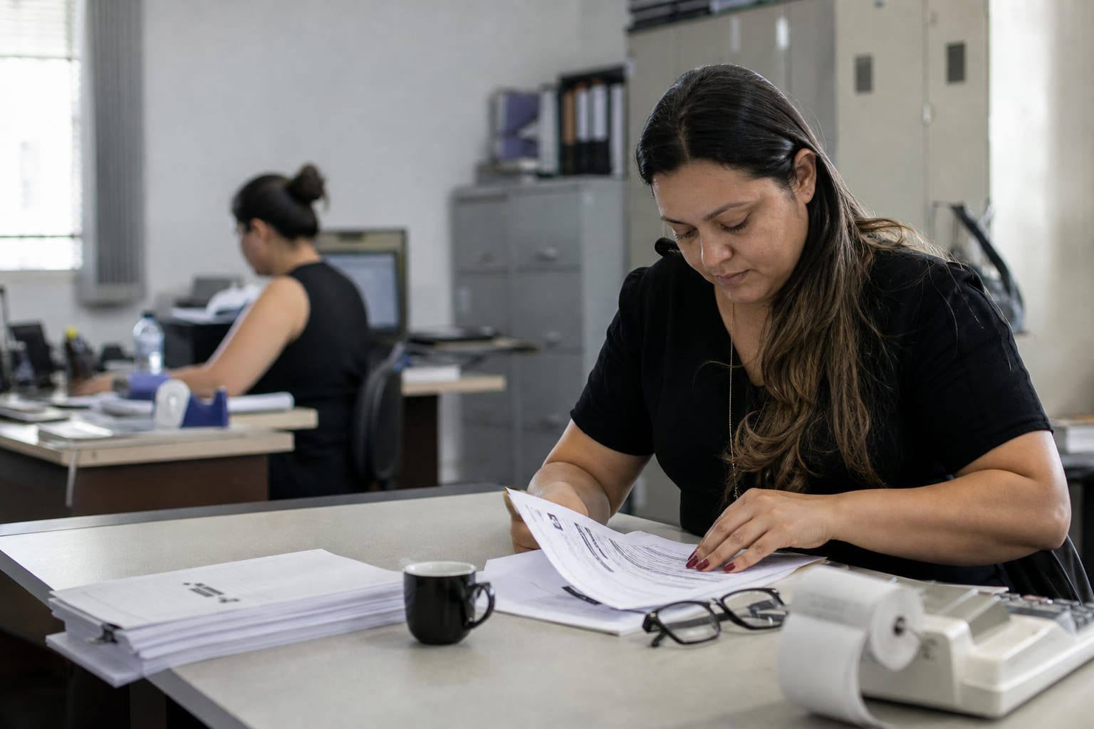 Mesa de escritório de contabilidade com folhas de ponto impressas presas por clipe e calculadora de bobina
