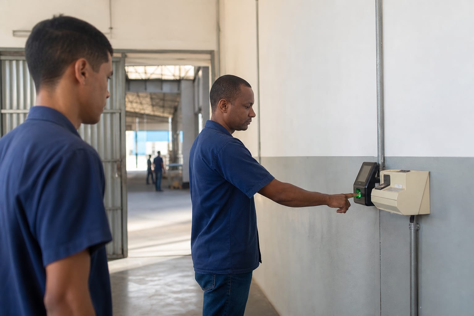 Trabalhador registrando ponto em leitor biométrico instalado ao lado de um relógio de cartão antigo na entrada de uma indústria