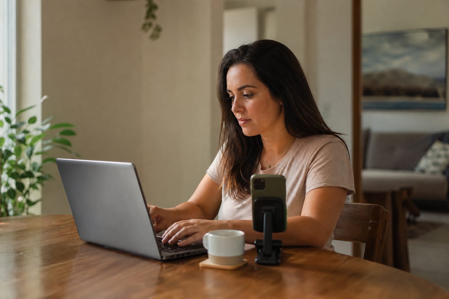 Profissional trabalhando em casa com notebook e celular sobre a mesa da sala em manhã de luz natural