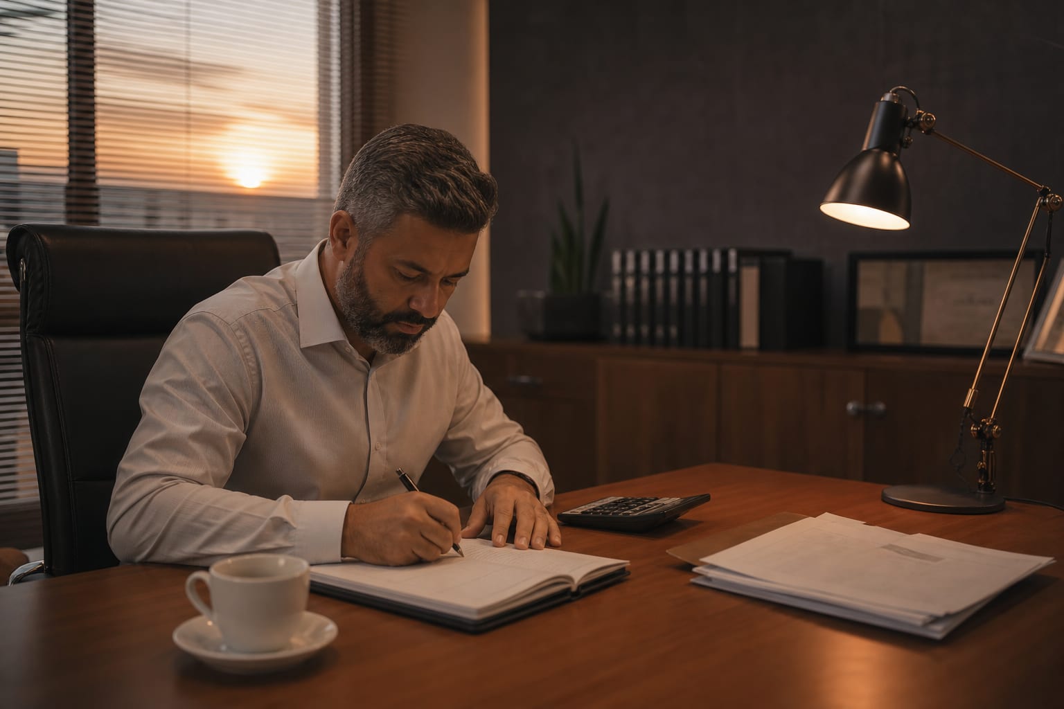 Mesa de sócio de escritório contábil com caderno aberto, calculadora e planilhas impressas no fim do dia